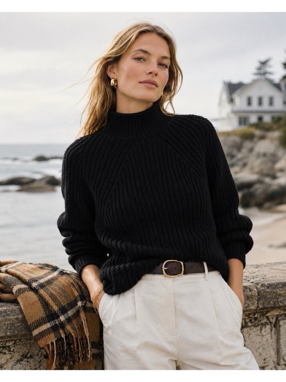 J Crew Womens Relaxed Rollneck Sweater XS Black Cotton Preppy Oversized Chunky